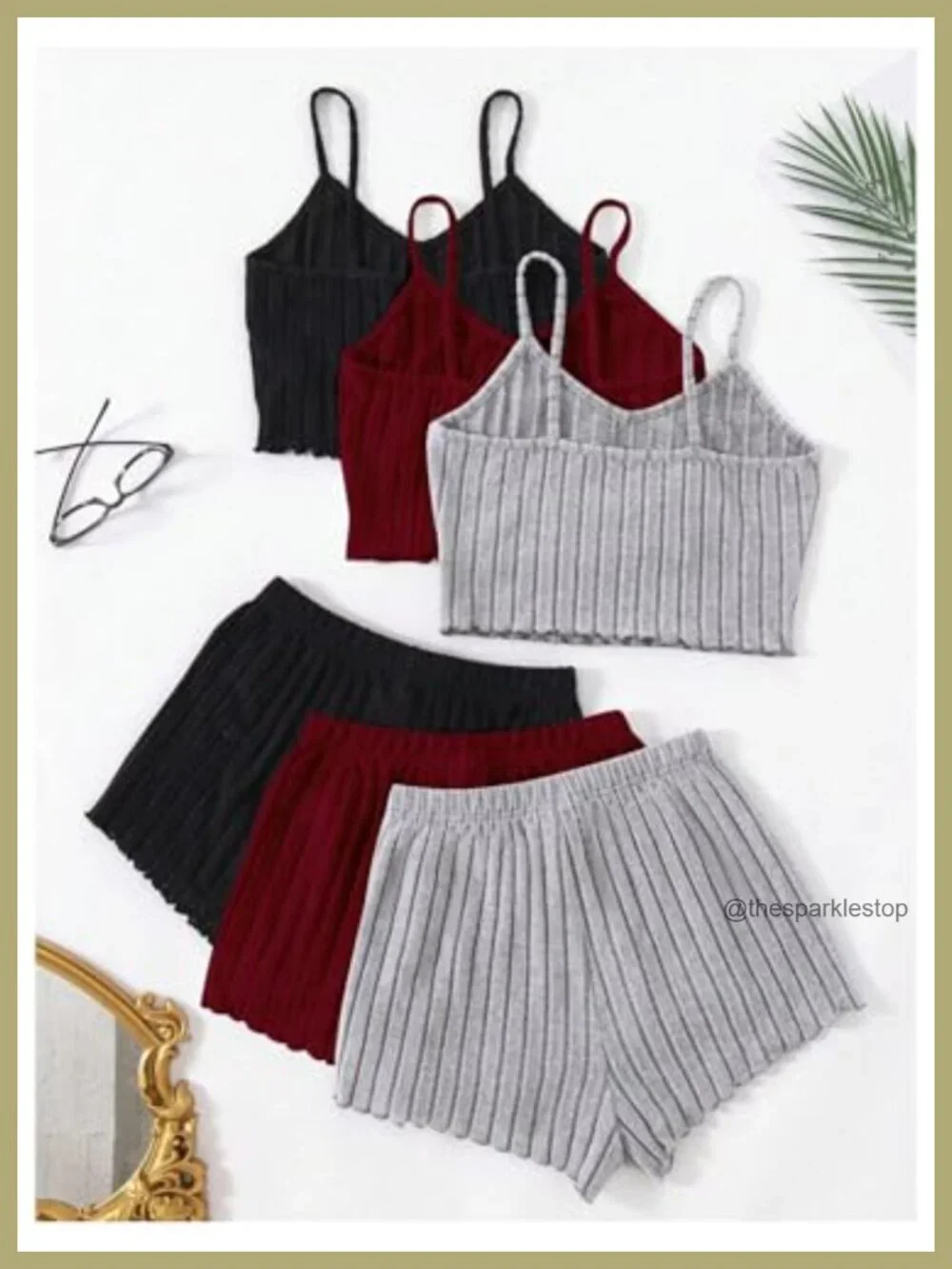 Ribbed Pajama Set Spaghetti Strap Cami Crop Top Shorts Lounge Set Sleepwear